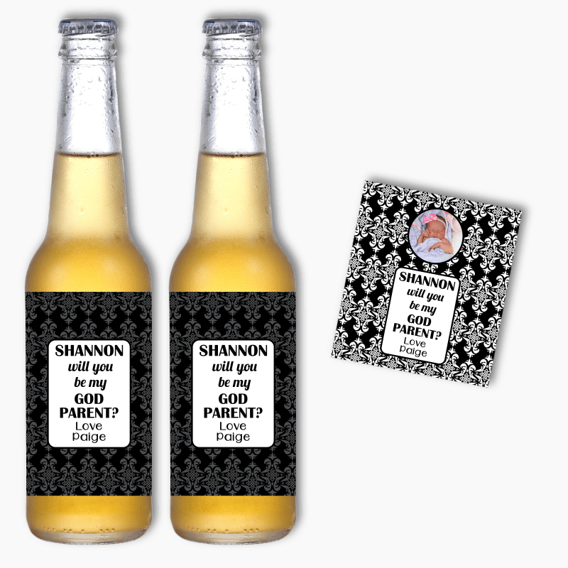 Elegant Damask Will You Be My Godparent? Beer Labels