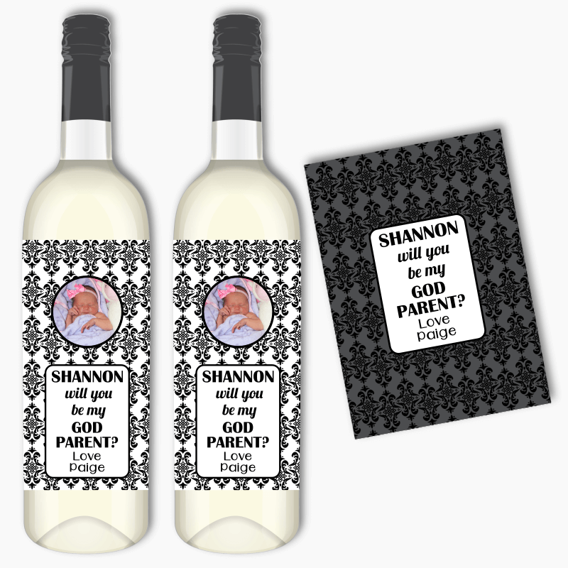 Elegant Damask Will You Be My Godparent? Wine Labels