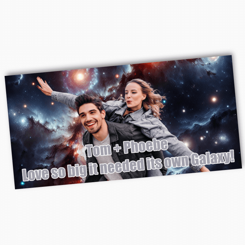 Couple with space-themed background and personalized text