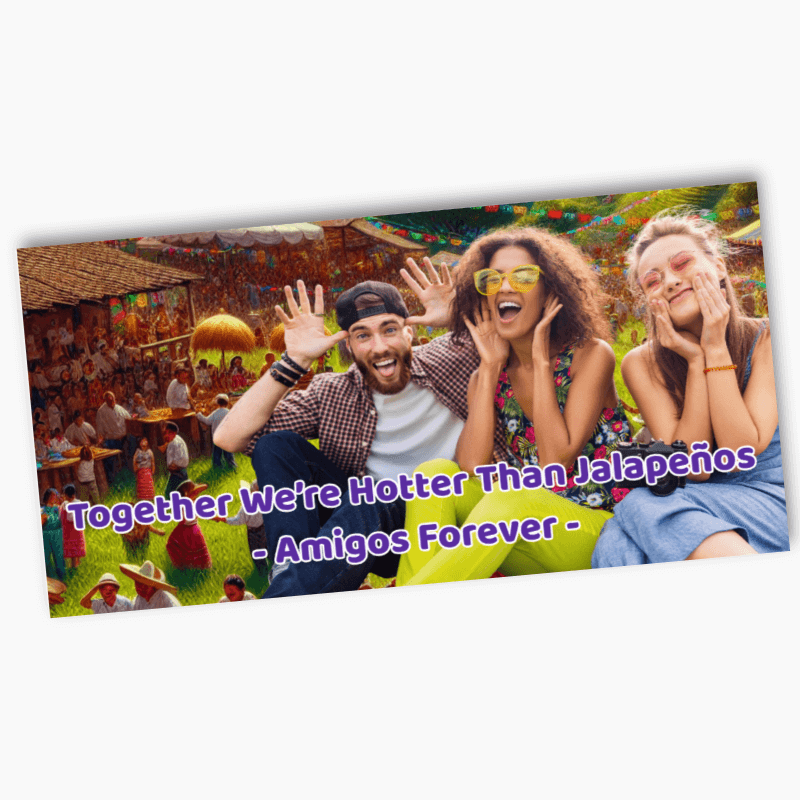 Party banner with three people with a festive background and text overlay on a white background