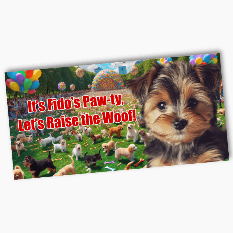 Dog-themed party banner with text 'It's Fido's Paw-ty, Let's Raise the Woof!' and images of dogs and balloons.