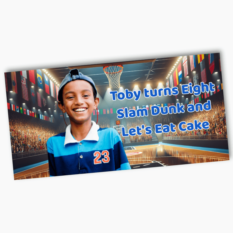 Birthday banner with a child in a blue sports jersey on a basketball court background.
