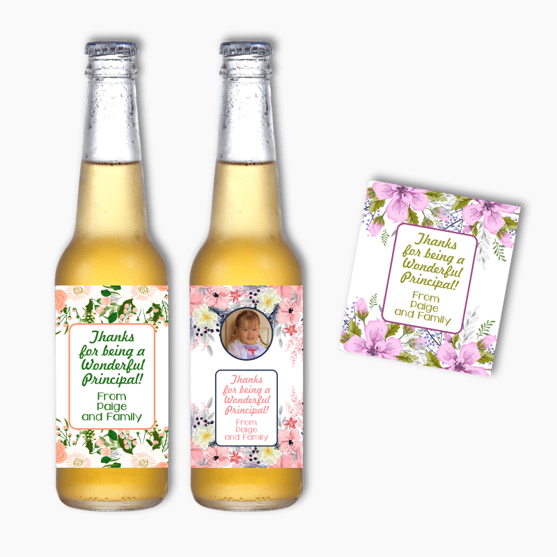 Personalised Floral Thank You Principal Gift Beer Labels