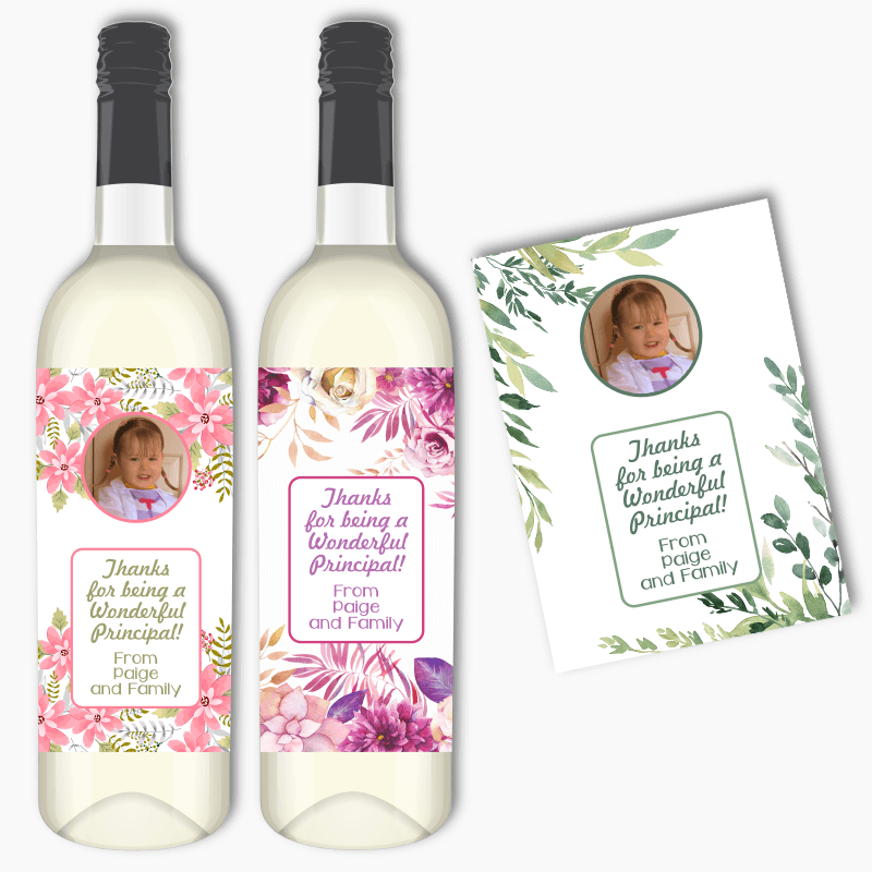 Personalised Floral Thank You Principal Gift Wine Labels