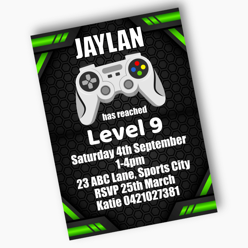 Personalised Gaming Birthday Party Invites - Green