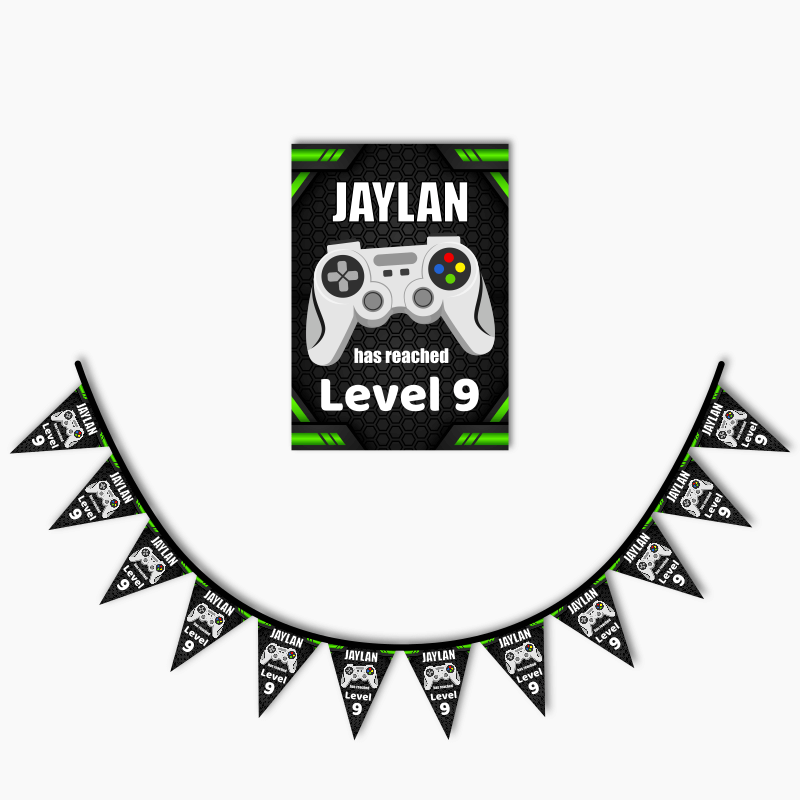 Personalised Gaming Party Poster &amp; Bunting Combo - Green