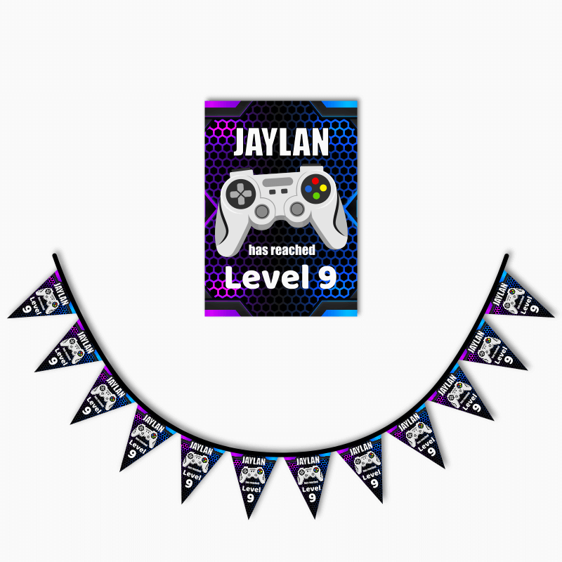 Personalised Gaming Party Poster &amp; Bunting Combo - Purple