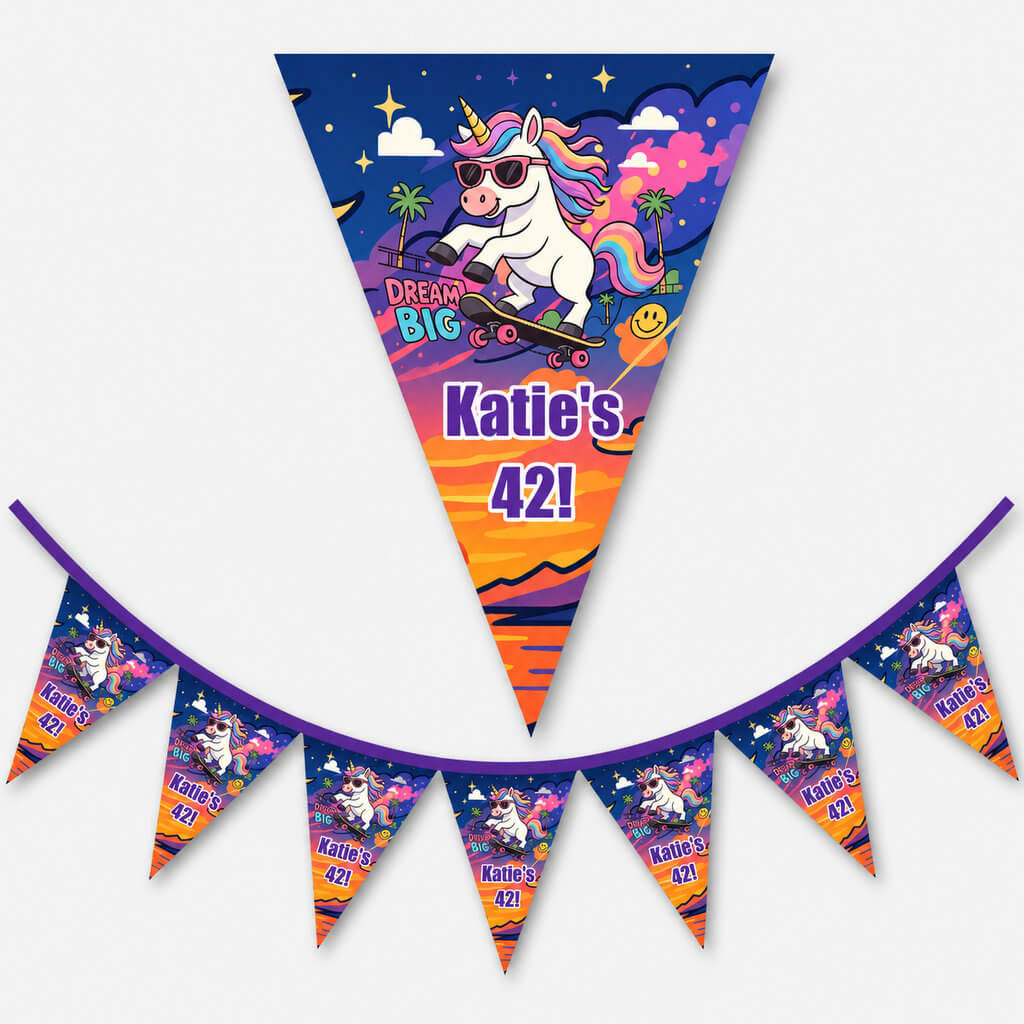 Personalised AI generated flag bunting featuring a unicorn on a skateboard, colourful sunset artwork and custom birthday text for party decorations