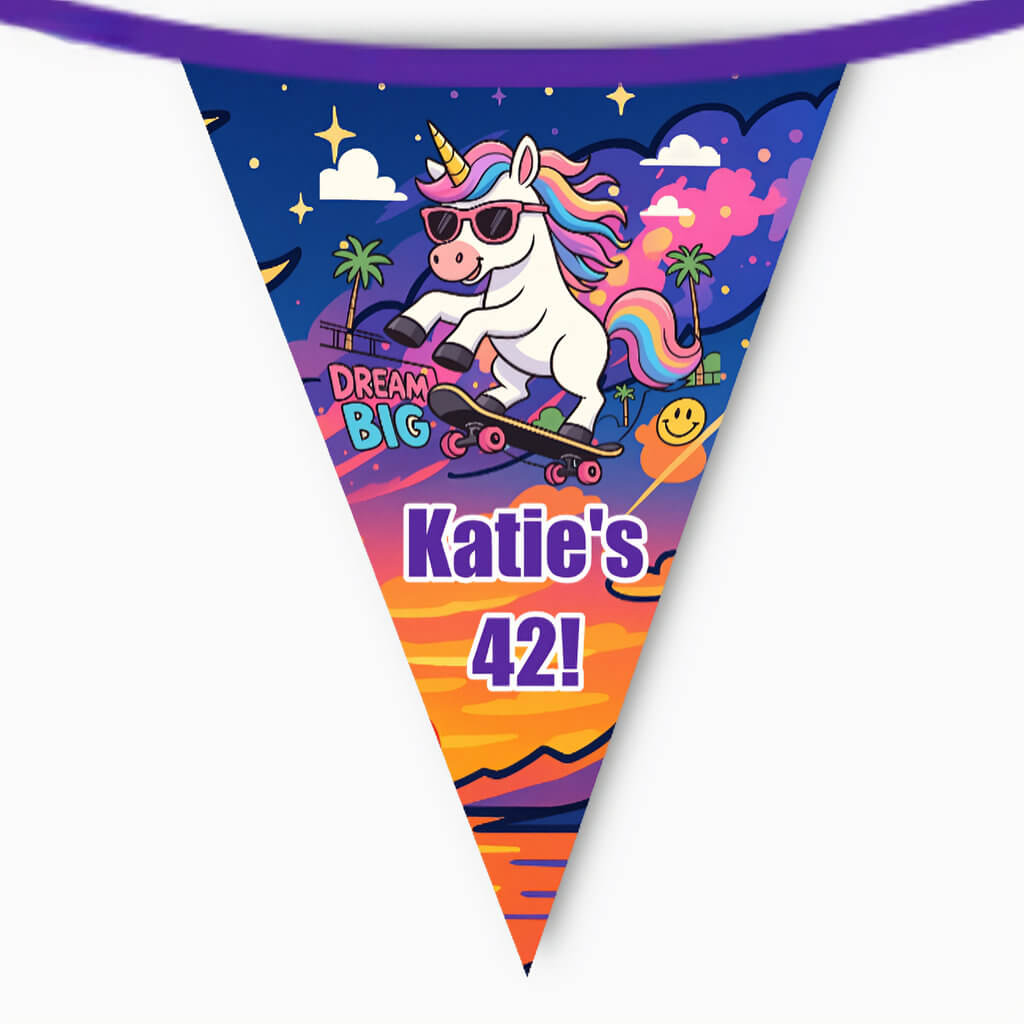 Personalised AI generated flag bunting featuring a unicorn on a skateboard, colourful sunset artwork and custom birthday text for party decorations