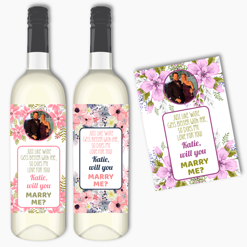 Personalised Floral &#39;Better with Age&#39; Wedding Proposal Wine Labels
