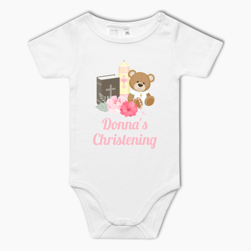 Personalised Girls Teddy Bear Christening Baby One-Piece Romper