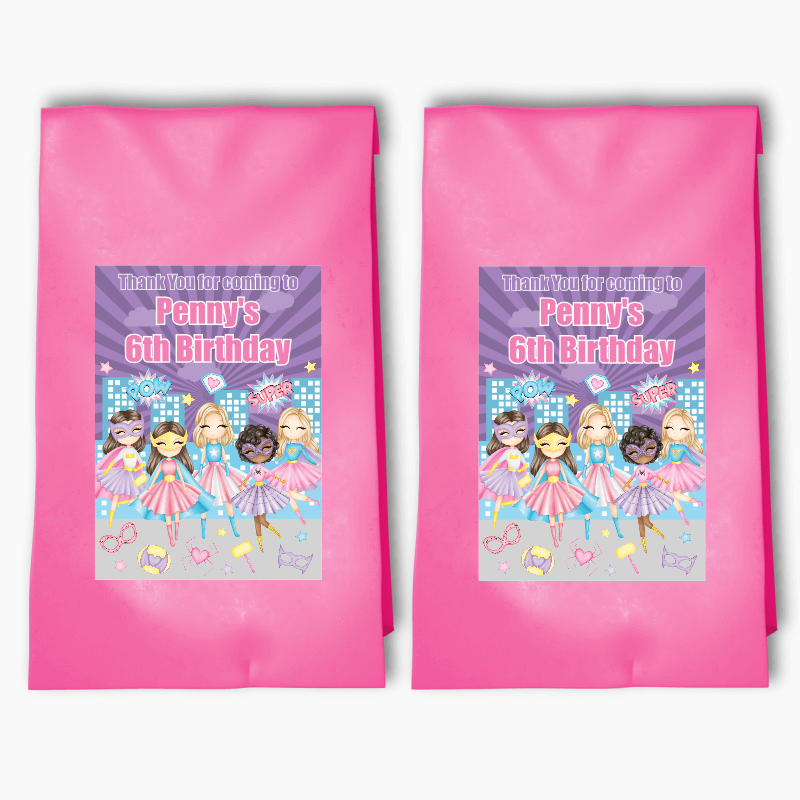 Personalised Girls Superheroes Party Bags & Labels