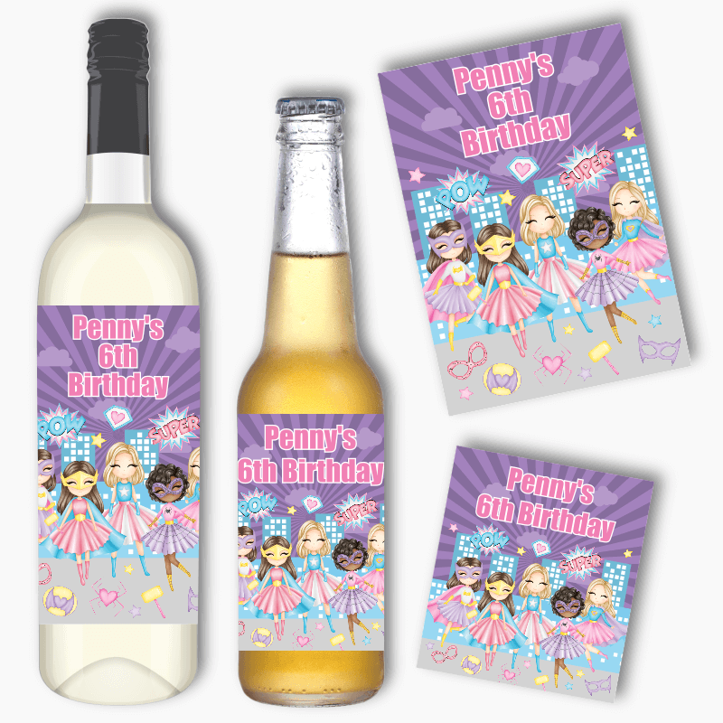 Personalised Girls Superheroes Wine & Beer Labels