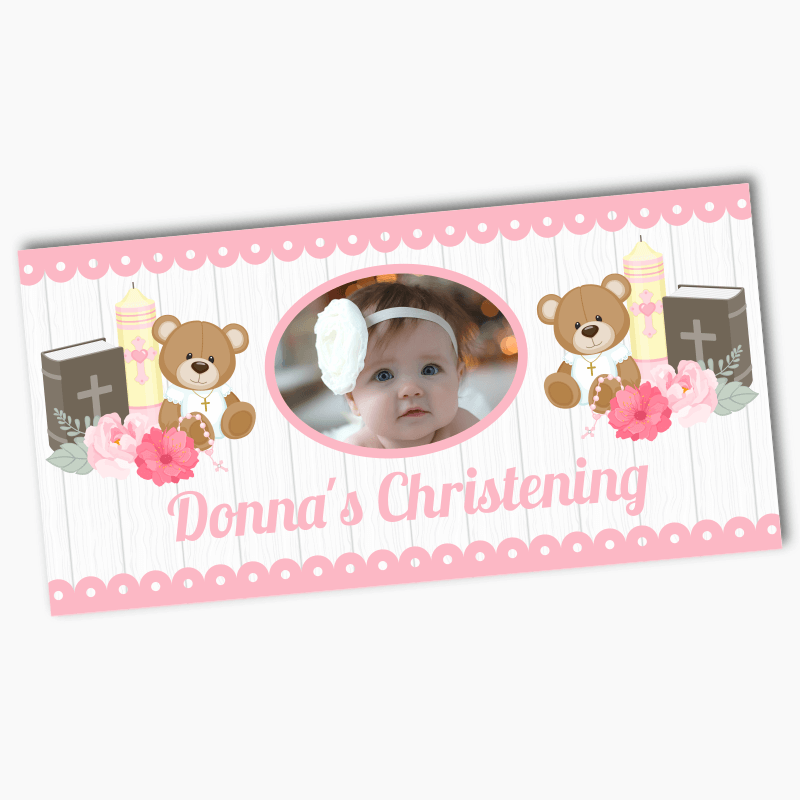 Personalised Girls Teddy Bear Christening Banners with Photo