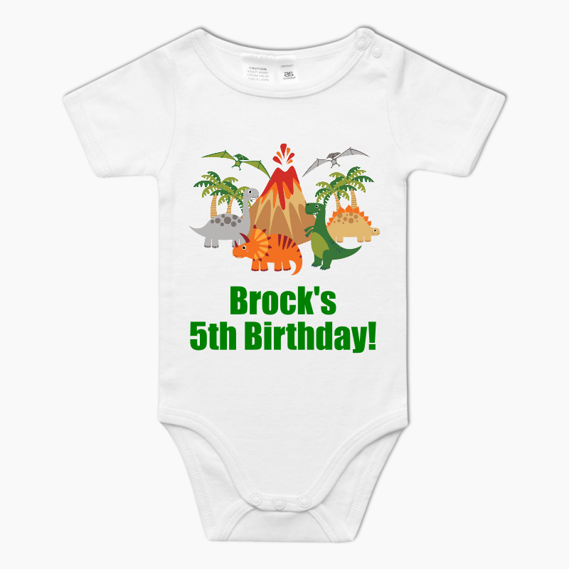 Personalised Green Dinosaur Party Baby One-Piece Romper