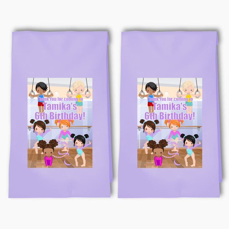 Personalised Gymnastics Birthday Party Bags &amp; Labels