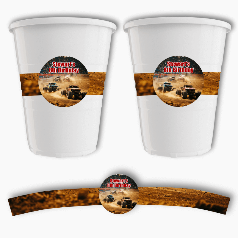 Personalised Monster Trucks Party Cup Stickers