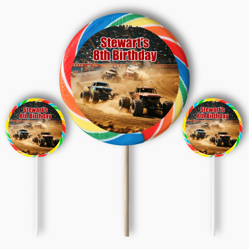 Personalised Monster Trucks Party Round Stickers