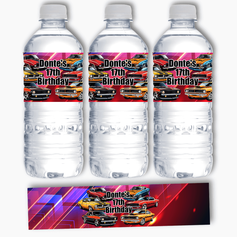Personalised Muscle Cars Party Water Bottle Labels