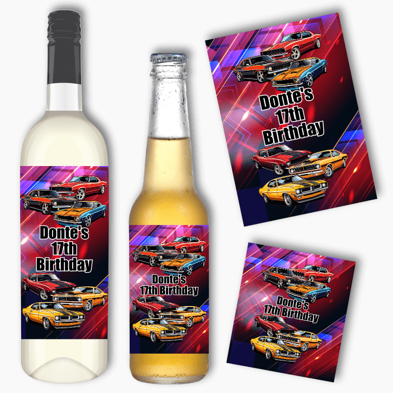 Personalised Muscle Cars Party Wine &amp; Beer Labels