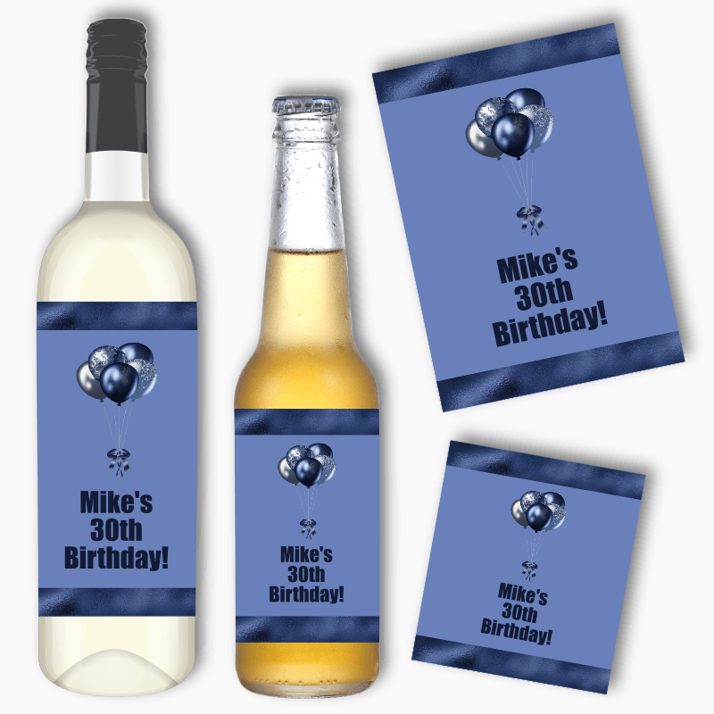 Personalised Navy Blue Balloons Wine & Beer Labels