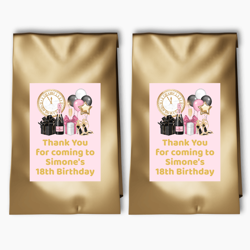 Personalised Pink, Black & Gold Party Bags & Labels
