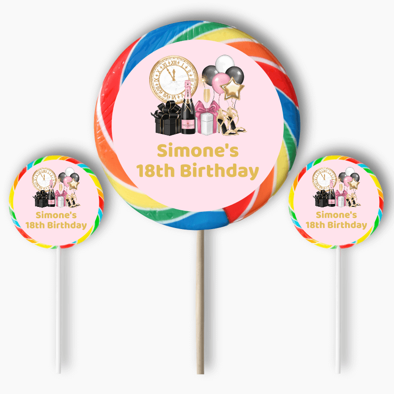 Personalised Pink, Black & Gold Party Round Stickers