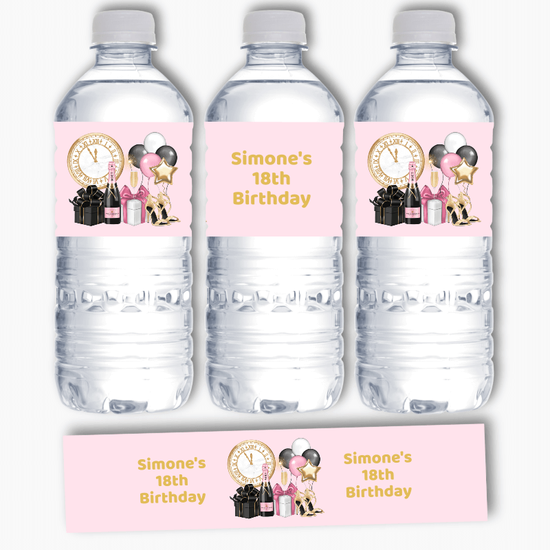 Personalised Pink, Black & Gold Party Water Labels