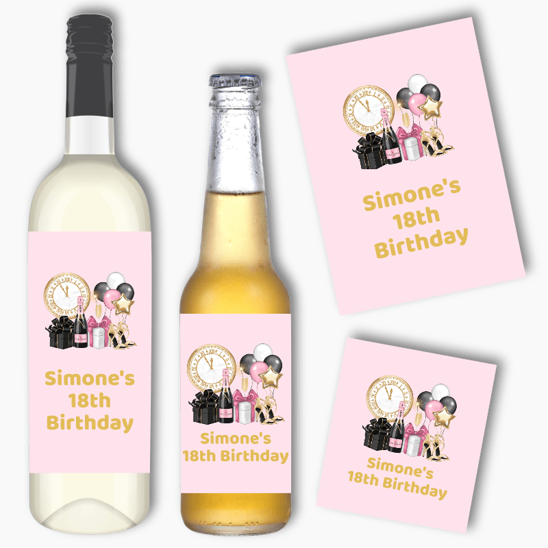 Personalised Pink, Black & Gold Wine & Beer Labels