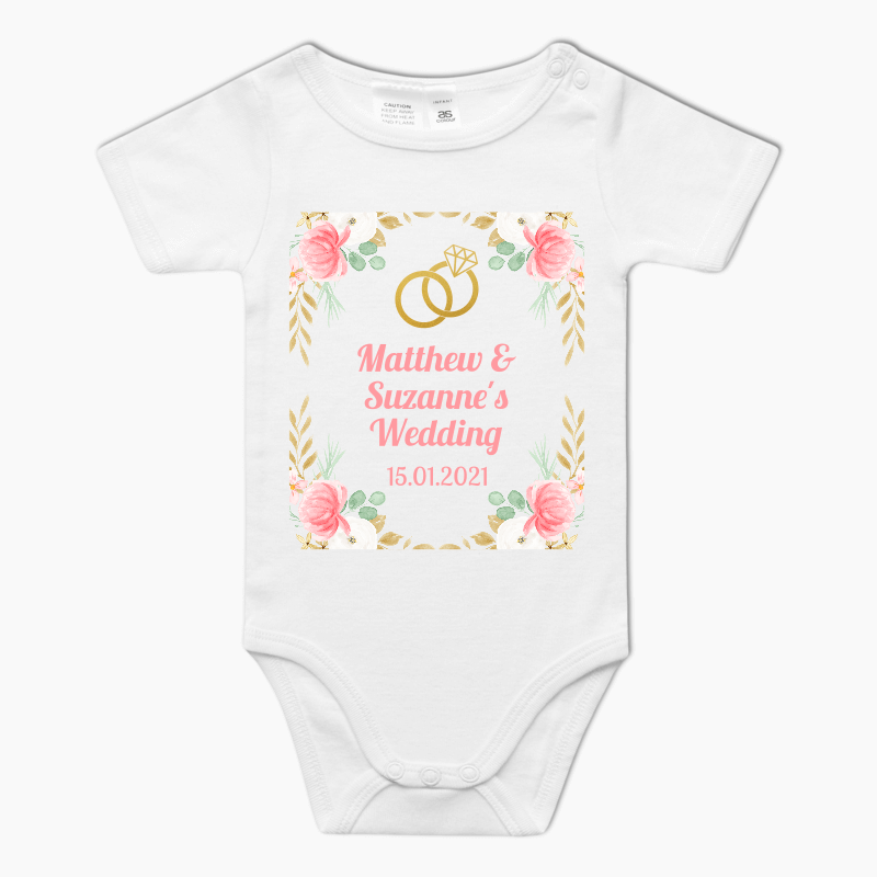 Personalised Pink & Gold Floral Wedding Baby One-Piece Romper