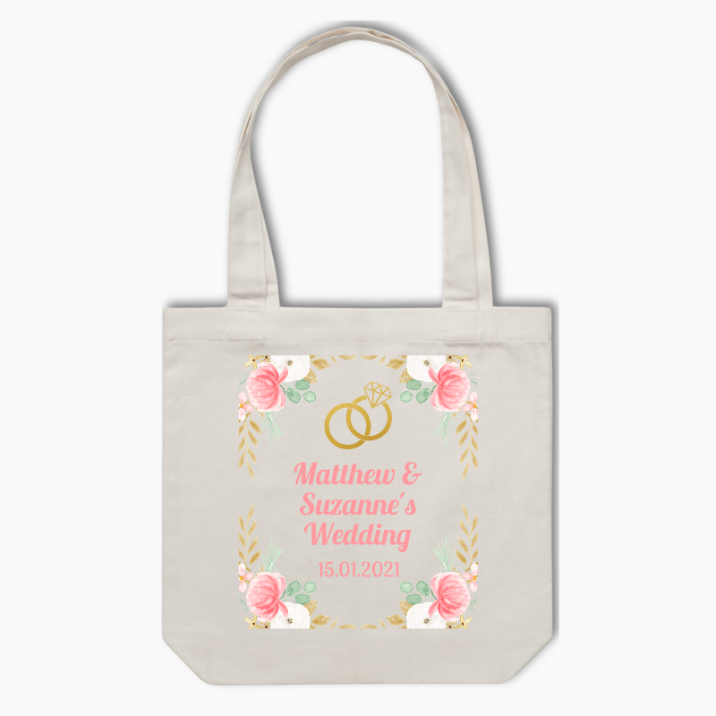 Personalised Pink & Gold Floral Wedding Tote Bag