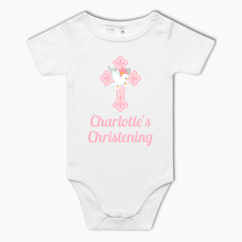 Personalised Pink & White Dove Christening Baby One-Piece Romper