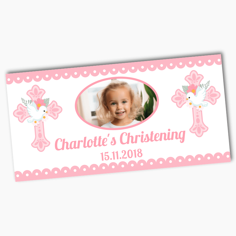 Personalised Pink & White Dove Christening Banners with Photo
