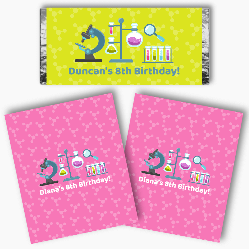 Personalised Science Birthday Party Mini Chocolate Labels