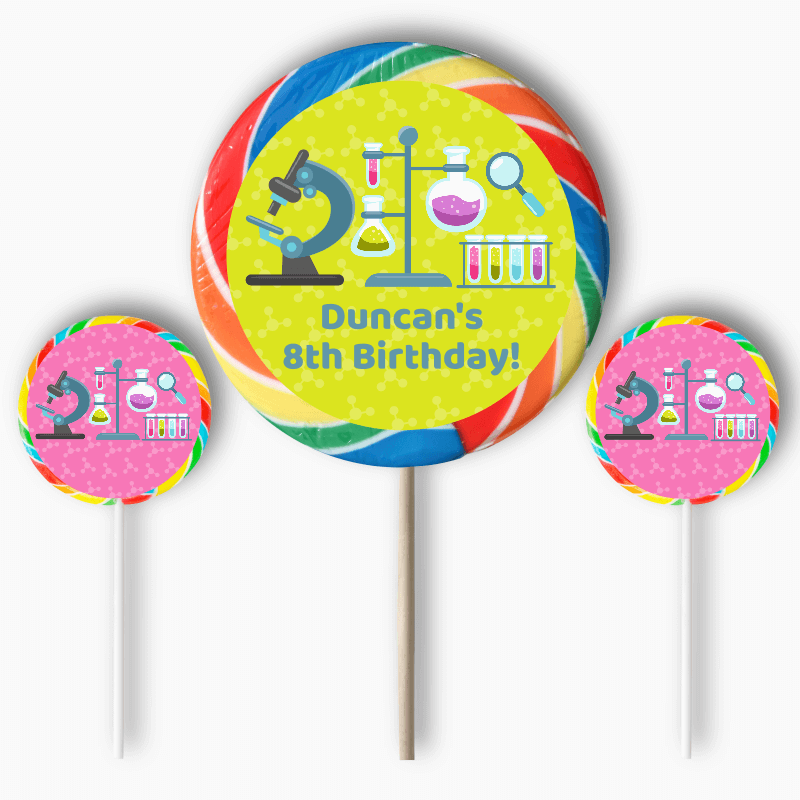 Personalised Science Birthday Party Round Stickers