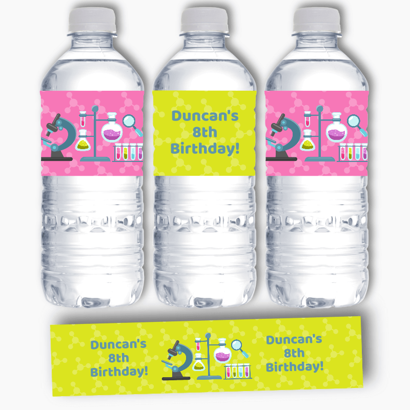 Personalised Science Birthday Party Water Bottle Labels