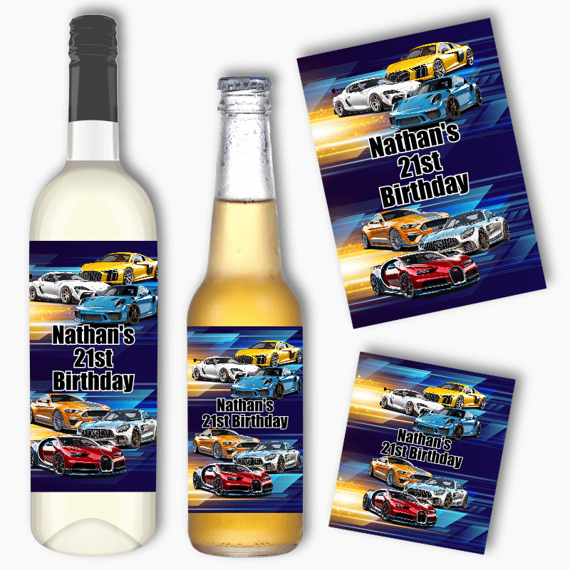 Personalised Sports Cars Party Wine &amp; Beer Labels