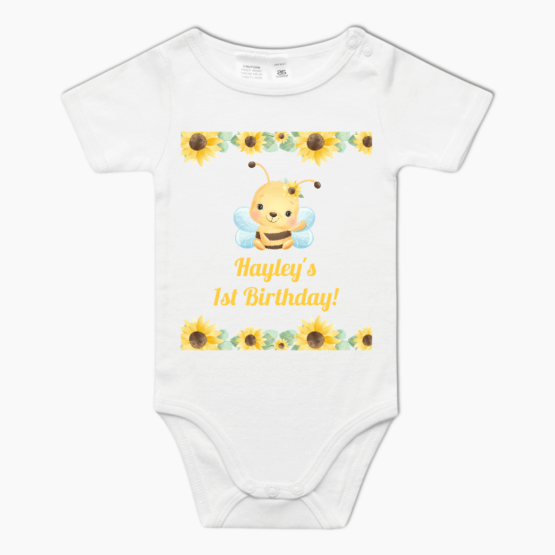 Personalised Sunflower & Honey Bee Party Baby One-Piece Romper