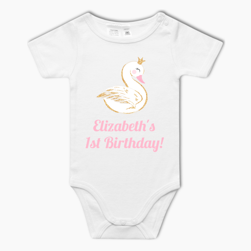 Personalised Pink & Gold Swan Baby One-Piece Romper