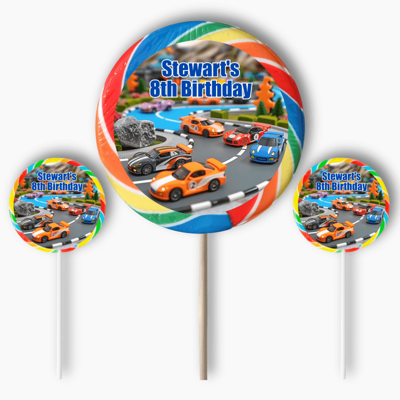 Personalised Toy Race Cars Party Round Stickers