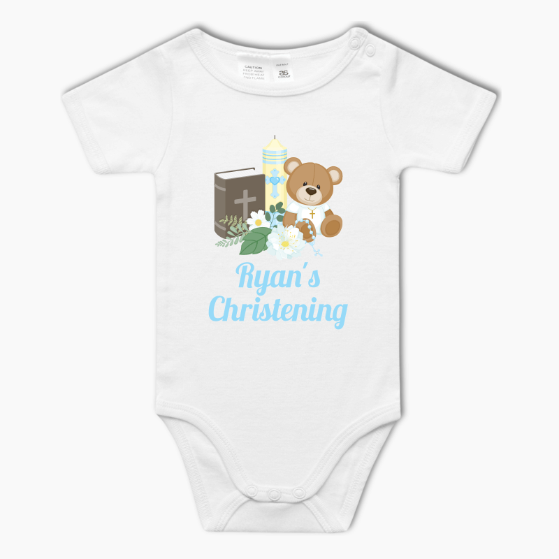 Personalised Boys Teddy Bear Christening Baby One-Piece Romper