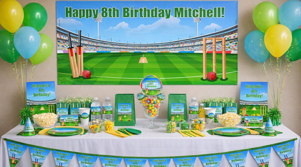 Birthday party setup with sports-themed decorations, balloons, and tableware.