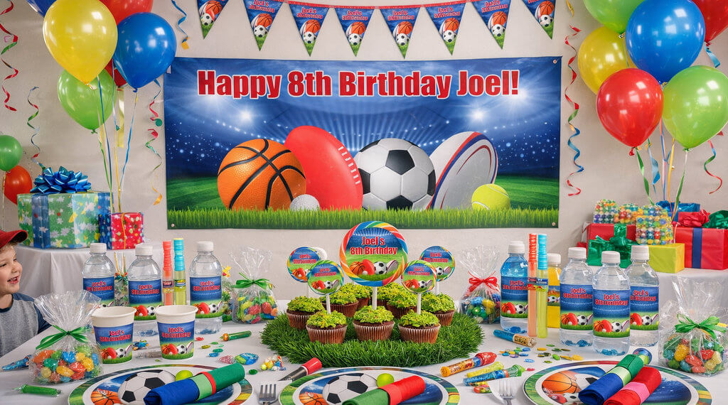 Birthday party setup with sports-themed decorations, balloons, and food.