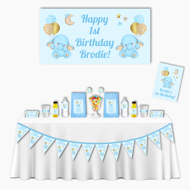 Personalised Blue Elephant Deluxe Birthday Party Pack