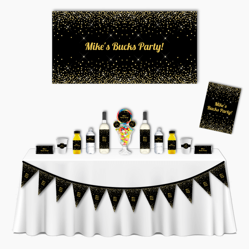 Personalised Black &amp; Gold Confetti Deluxe Bucks Party Pack