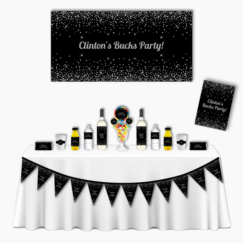 Personalised Black &amp; Silver Confetti Deluxe Bucks Party Pack