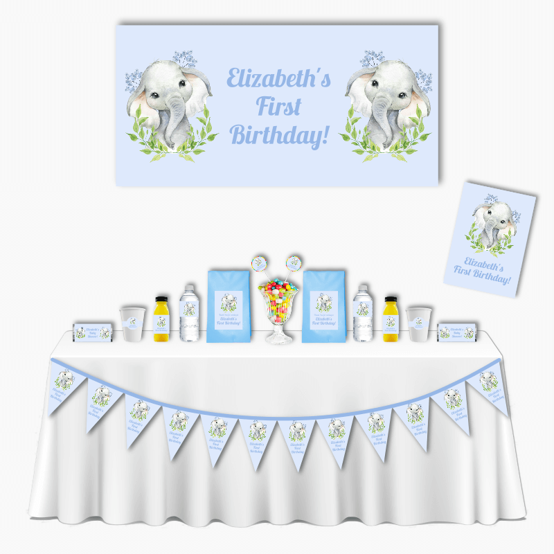 Personalised Blue Leaves Elephant Deluxe Birthday Party Pack