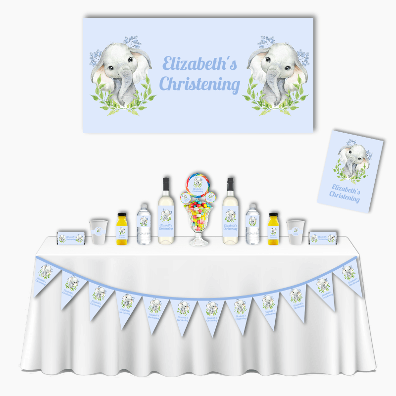 Personalised Blue Leaves Elephant Deluxe Christening Pack