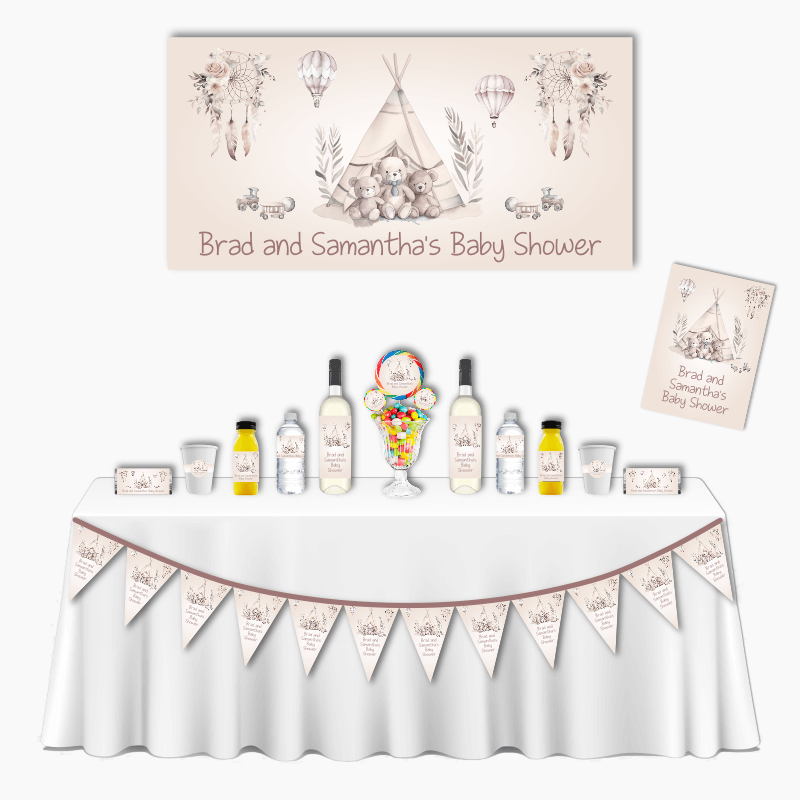 Personalised Boho Teddy Bears Baby Shower Deluxe Party Pack