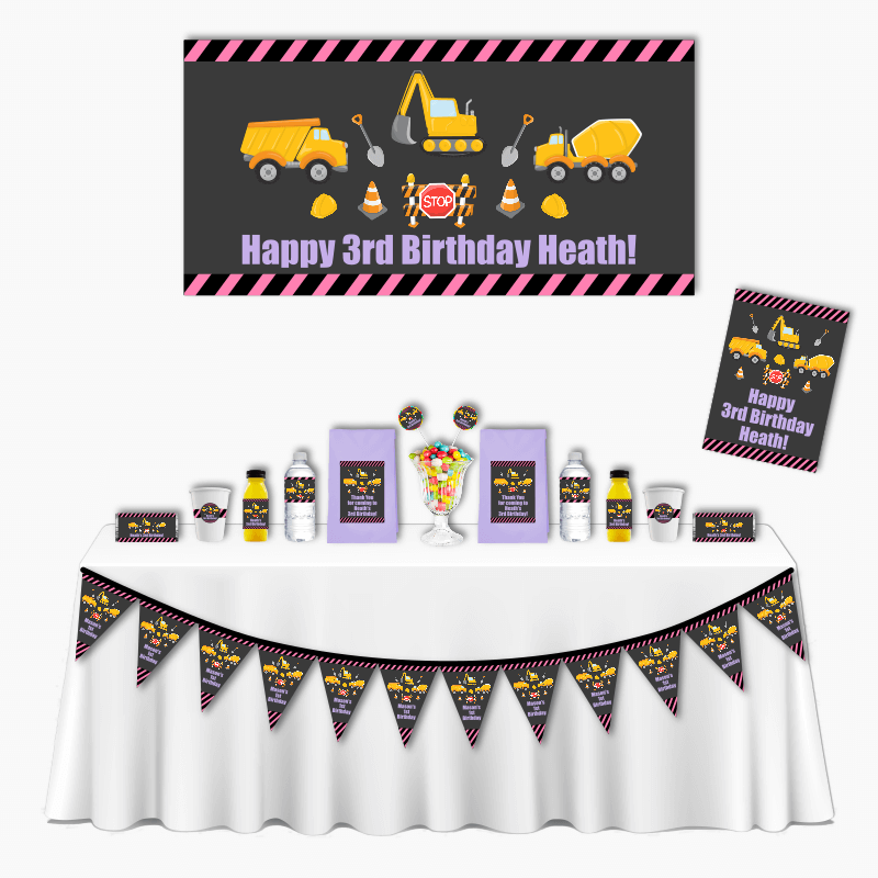 Personalised Girls Construction Deluxe Birthday Party Pack